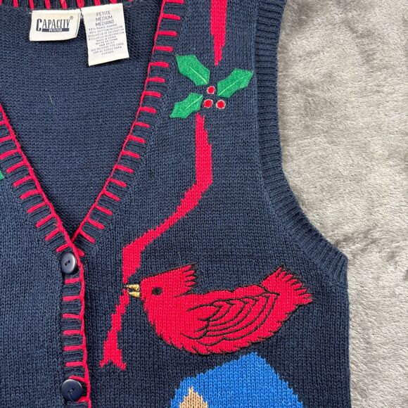 Capacity Petites Sweater Vest Cardinals Holly Christmas Button Front Medium I159 - Picture 3 of 9